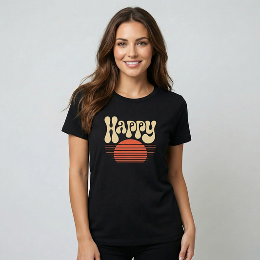 Happy Retro Sunset Women's Tee — Vintage 70s Graphic Shirt
