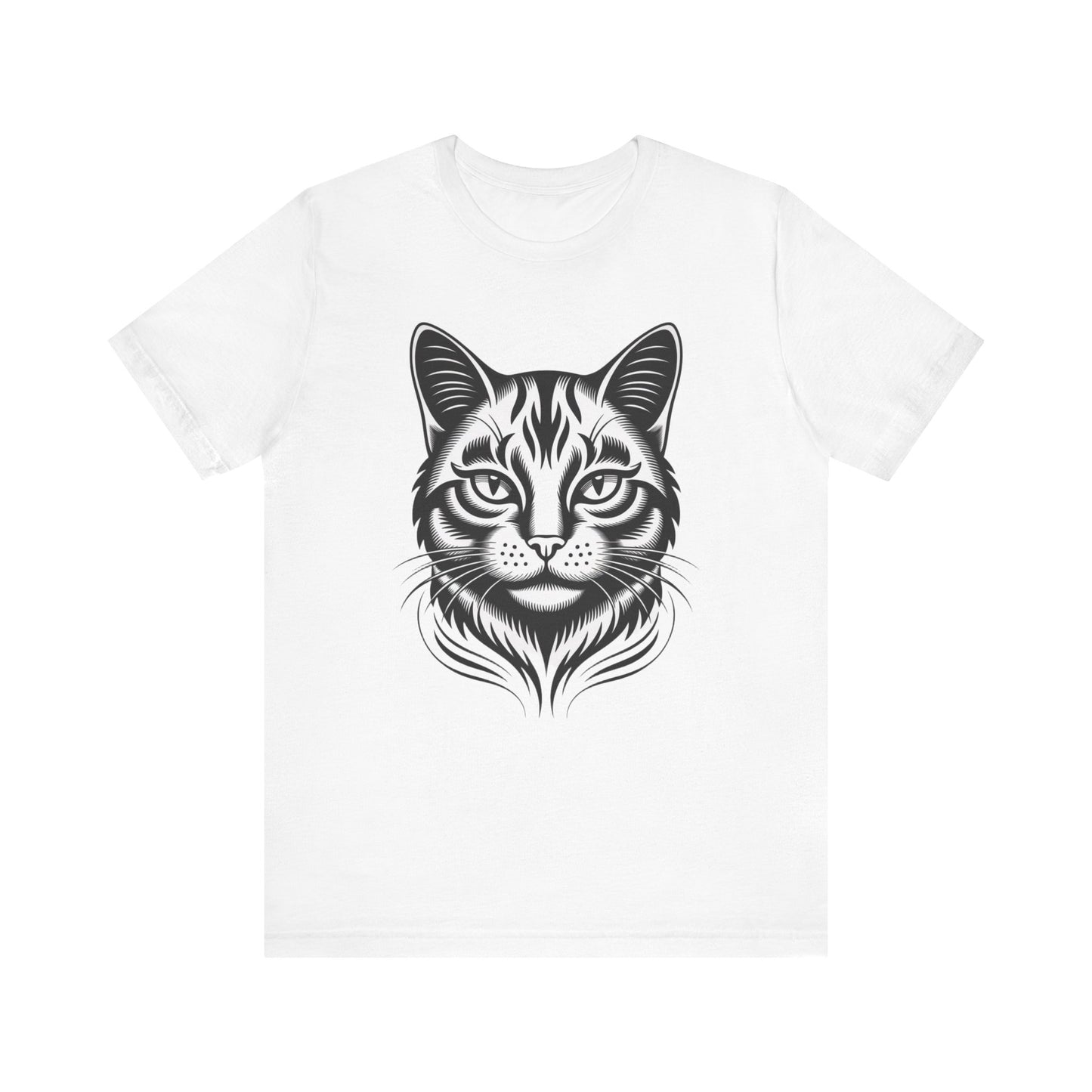 Cat Face T-Shirt — Bold Black Tribal Cat Portrait Tee