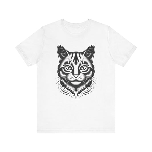 Cat Face T-Shirt — Bold Black Tribal Cat Portrait Tee